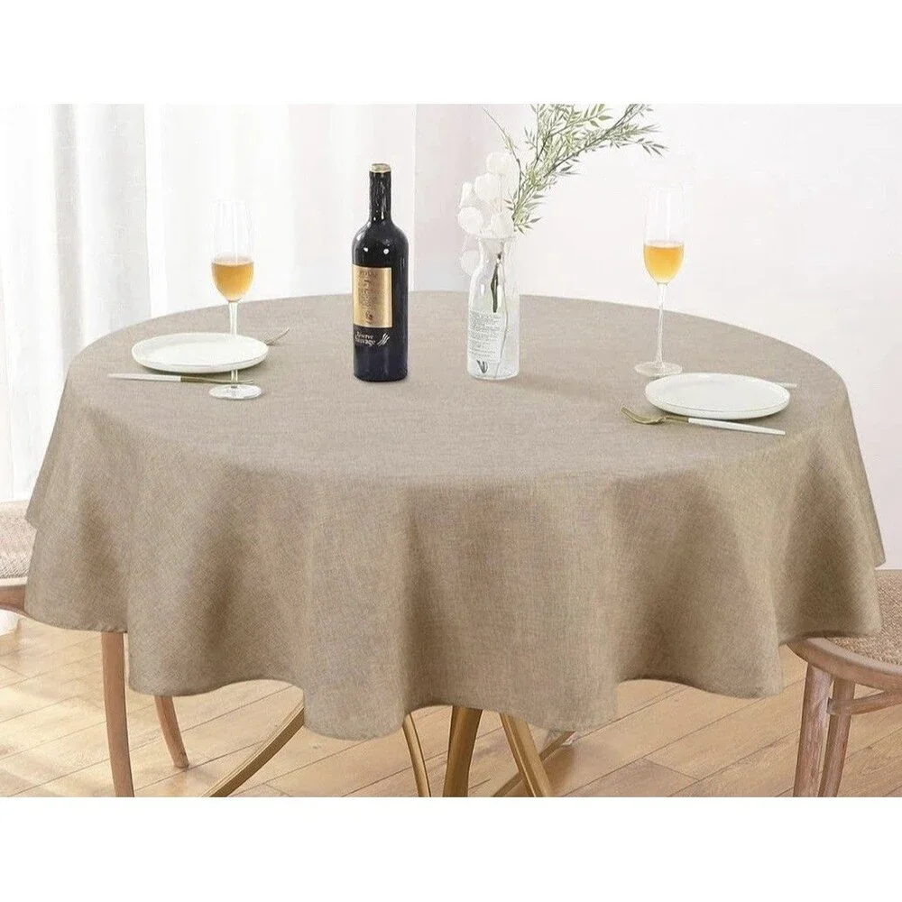 At‎ Home 60” Round Linen Tablecloth In  Khaki Waterproof Fits 48” Table